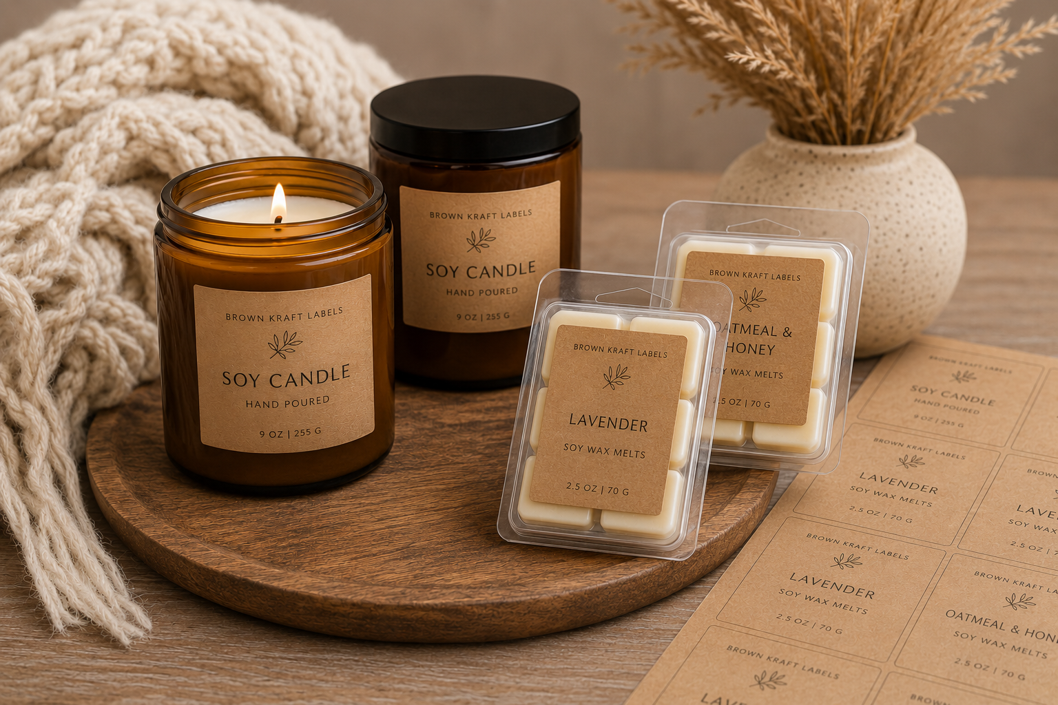 Brown Kraft Labels for Candles and Wax Melt Clamshells